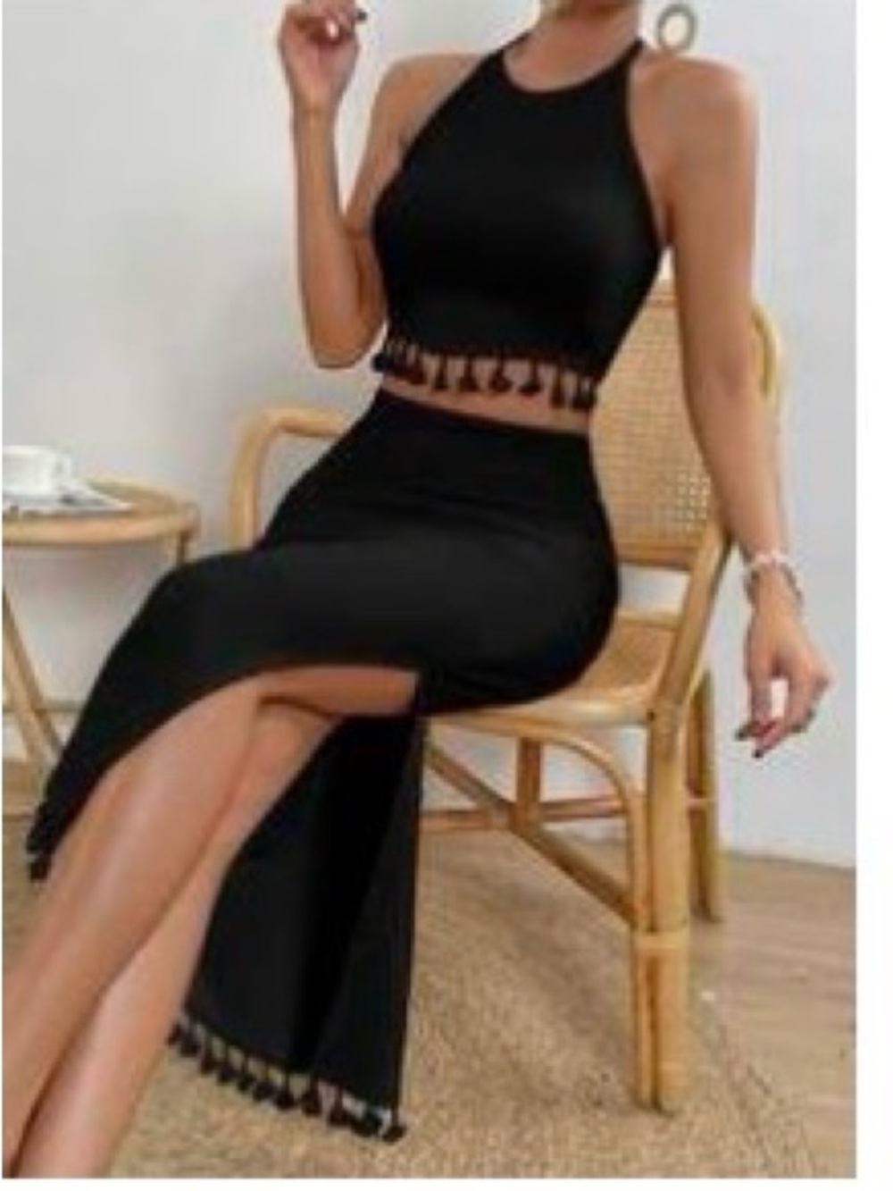 SHEIN Black Tassel Maxi Skirt with High Side Slit